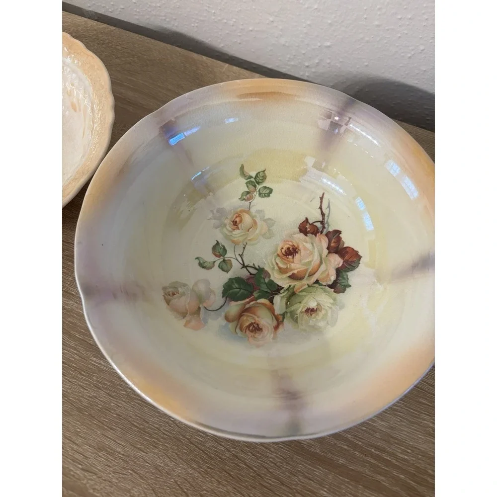 Antique Set of Bowls Crown Ivory 1936 Ceramic Earthenware Dresden China Floral